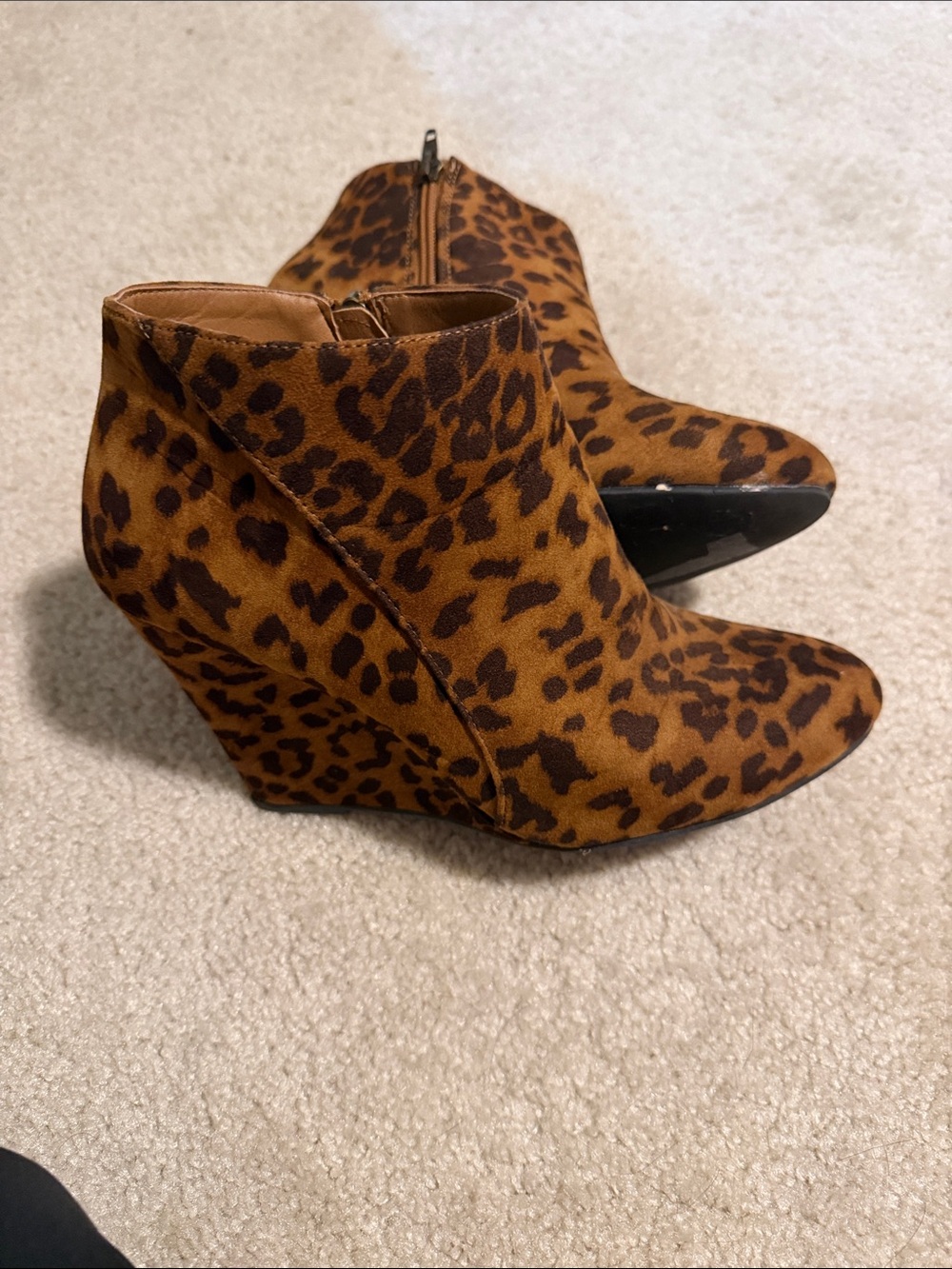 Leopard Print Wedge Ankle Boots - Brown
